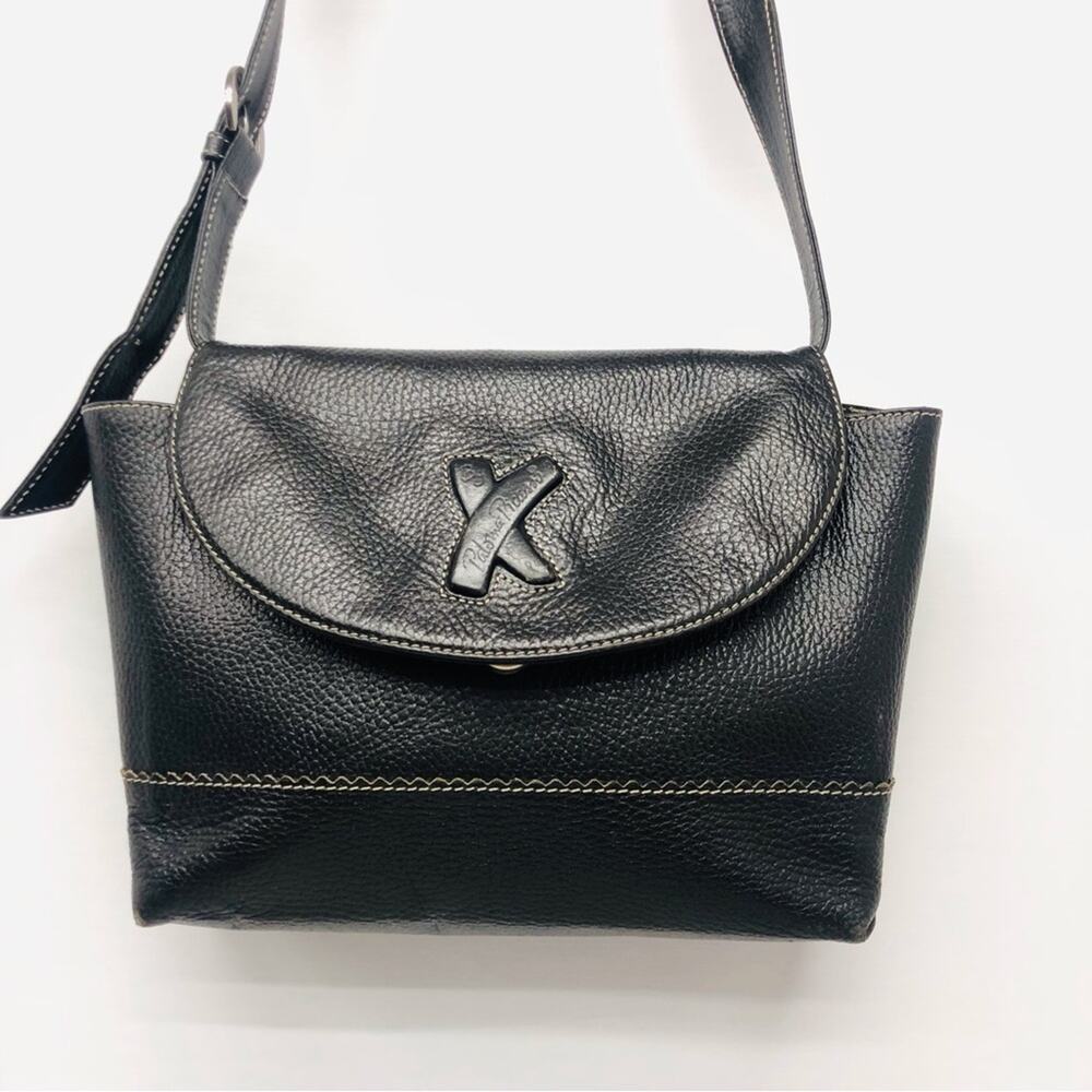 Vintage Black Shoulder Bag Embossed Logo Adjustable Strap with silvertone buckle - Picture 5 of 16